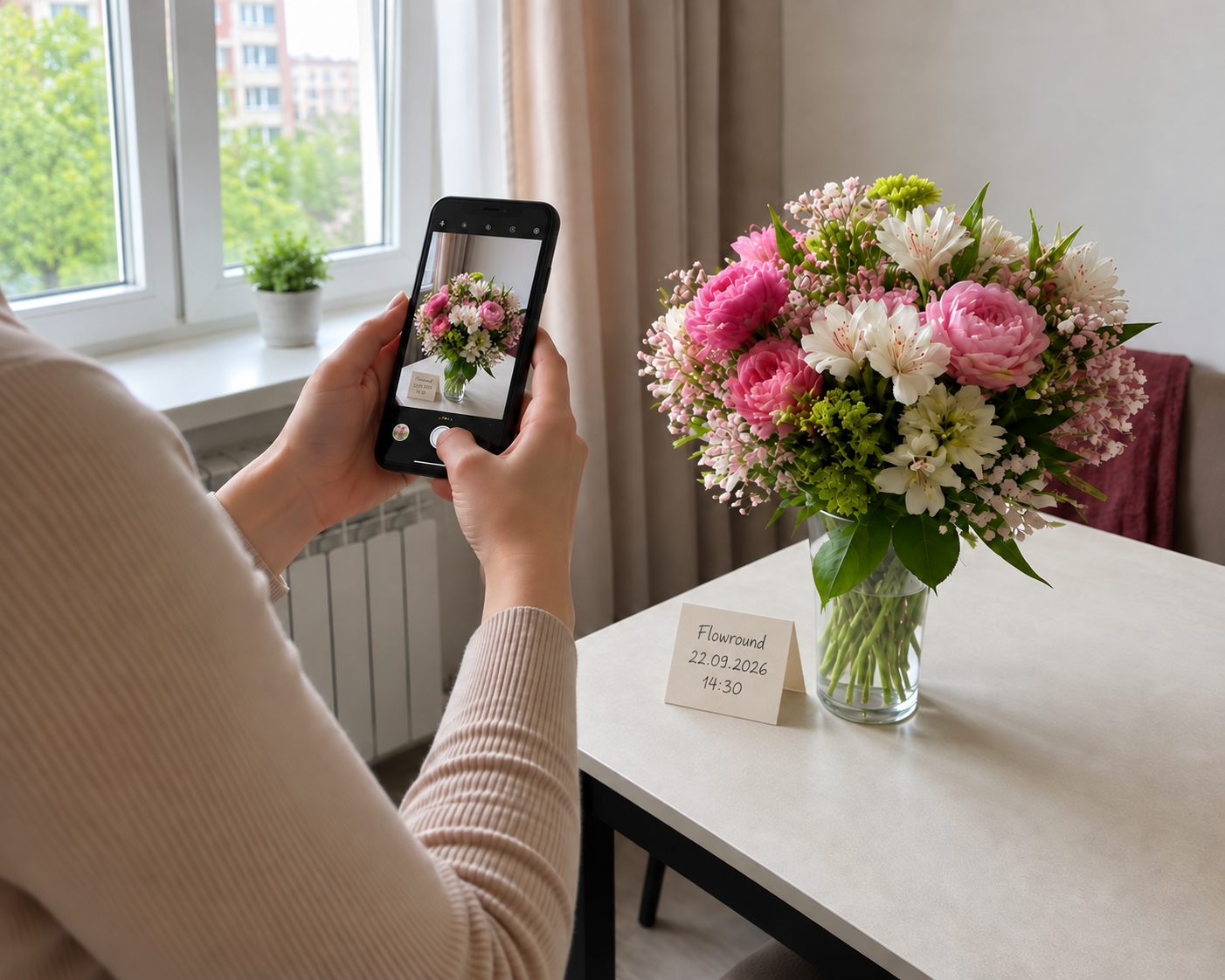 Фотография букета с табличкой Flowround, датой и временем съёмки